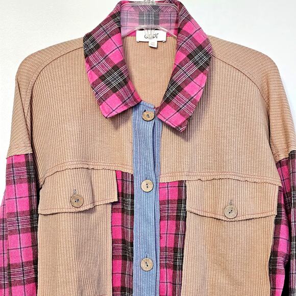 Women's Waffle Knit Pink Plaid Overshirt | Button Up Cardigan, Size S/M - Picture 4 of 9